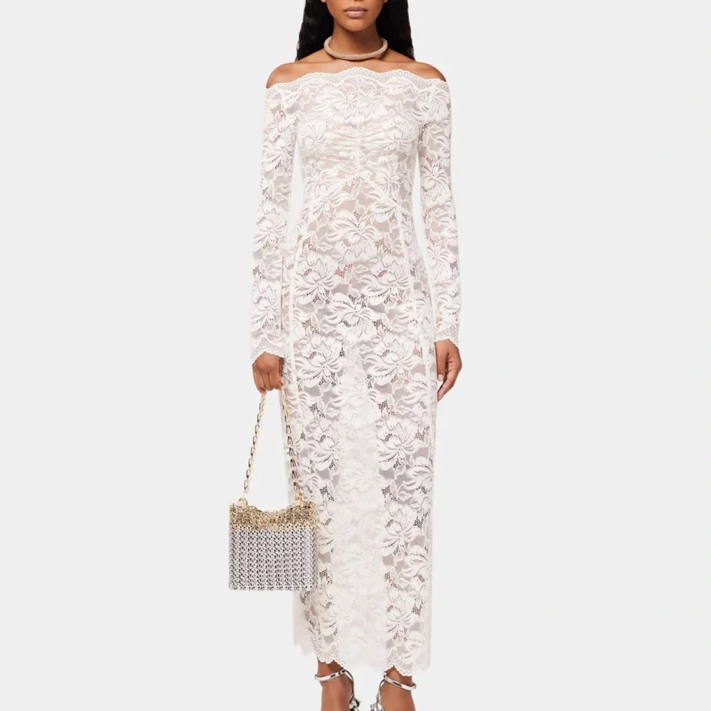 Dresses | Paco Rabanne Long Ivory Lace Dress With Bardot Collar | Poshmark